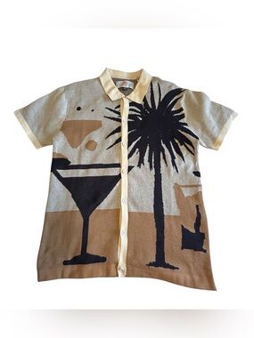 Free Planet Short-Sleeve Button-Down Shirt in Beige, Black and Tan